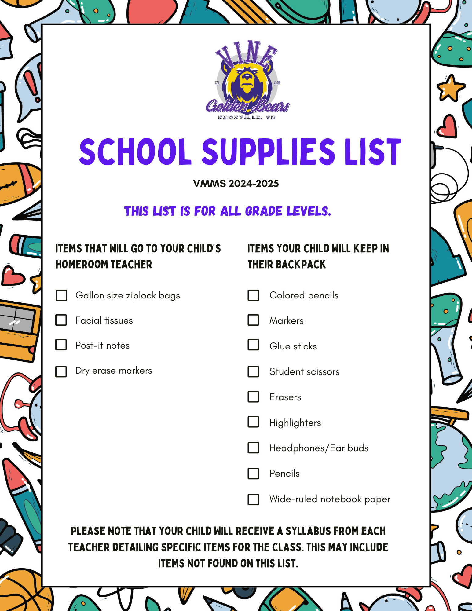 24/25 School Supplies List